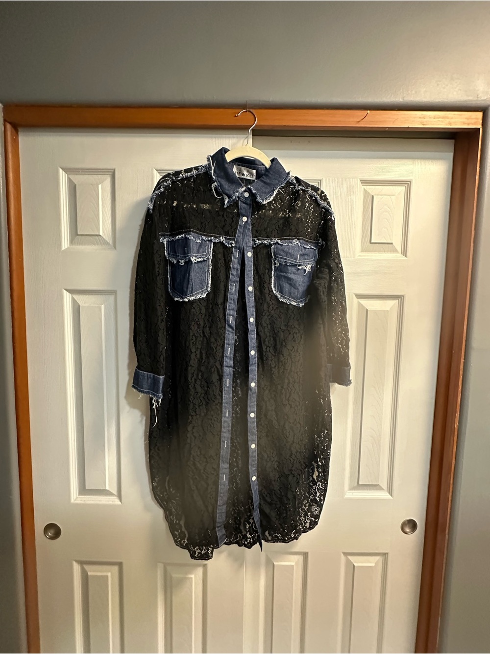 Black Lace Button-Down Tunic with Denim Trim